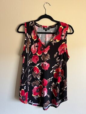 Eclipse Black Floral V-Neck Sleeveless Camisole - Red, Pink & Brown Accents